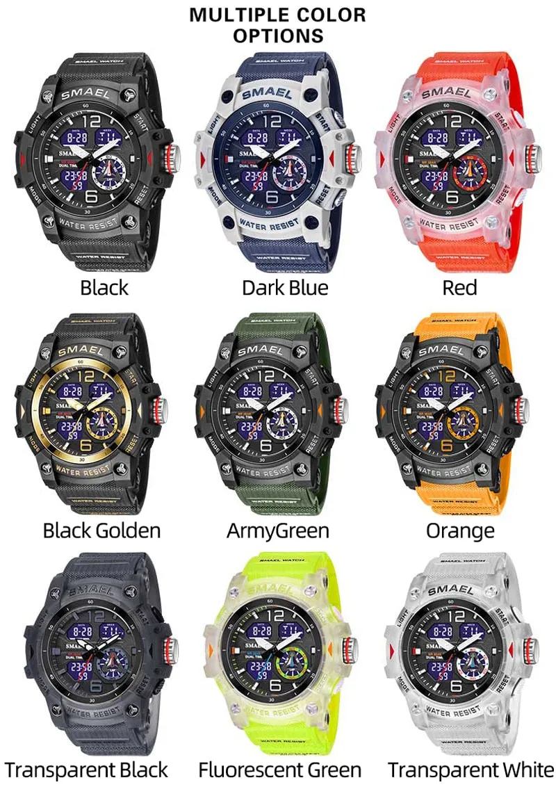 SMAEL Sports Dual Display Watch For Men LED Digital Quartz Waterproof Watches Men&#39;s Stopwatches Student Clock Youth Wristwatches