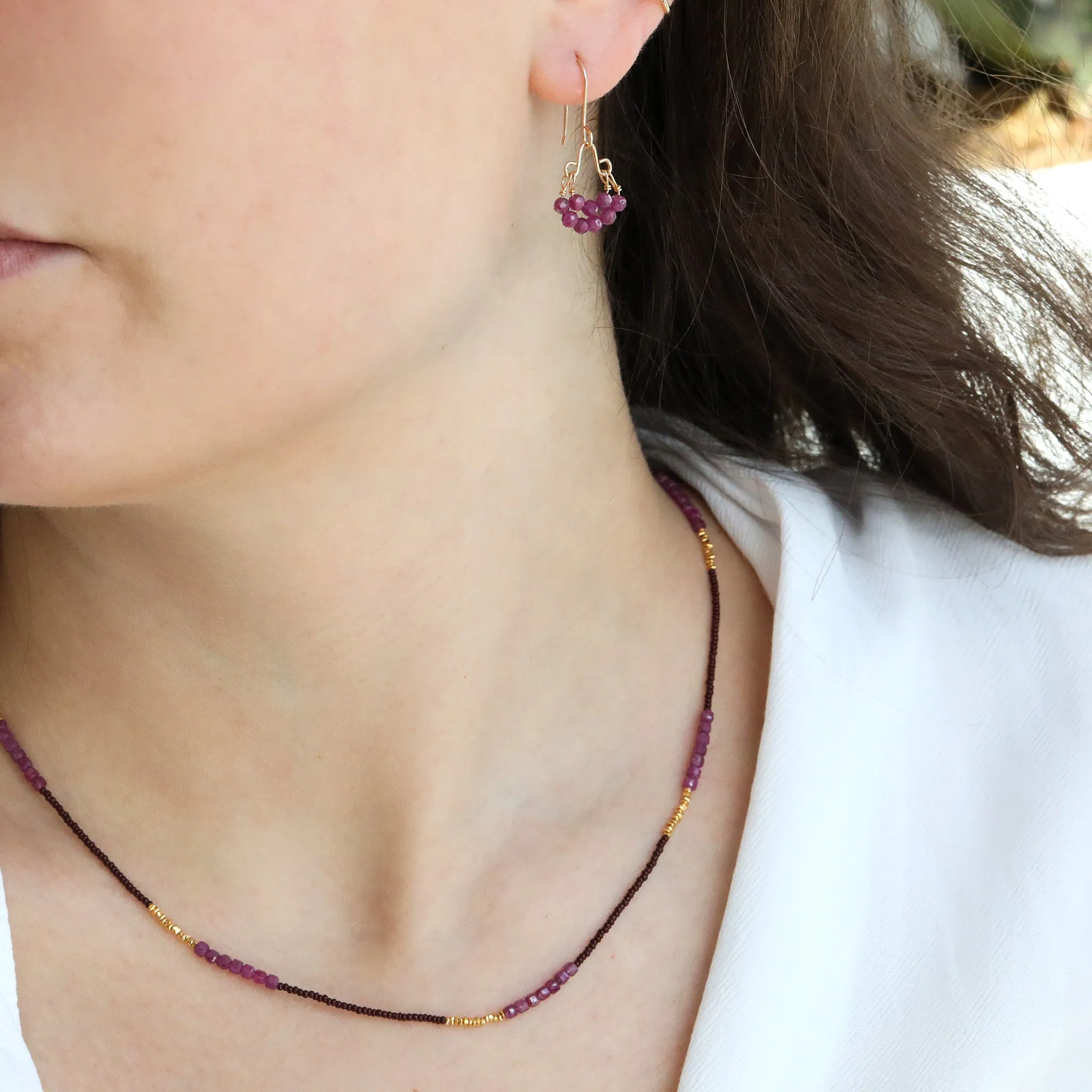 Small Ruby Beaded "Double Hoop" Earrings