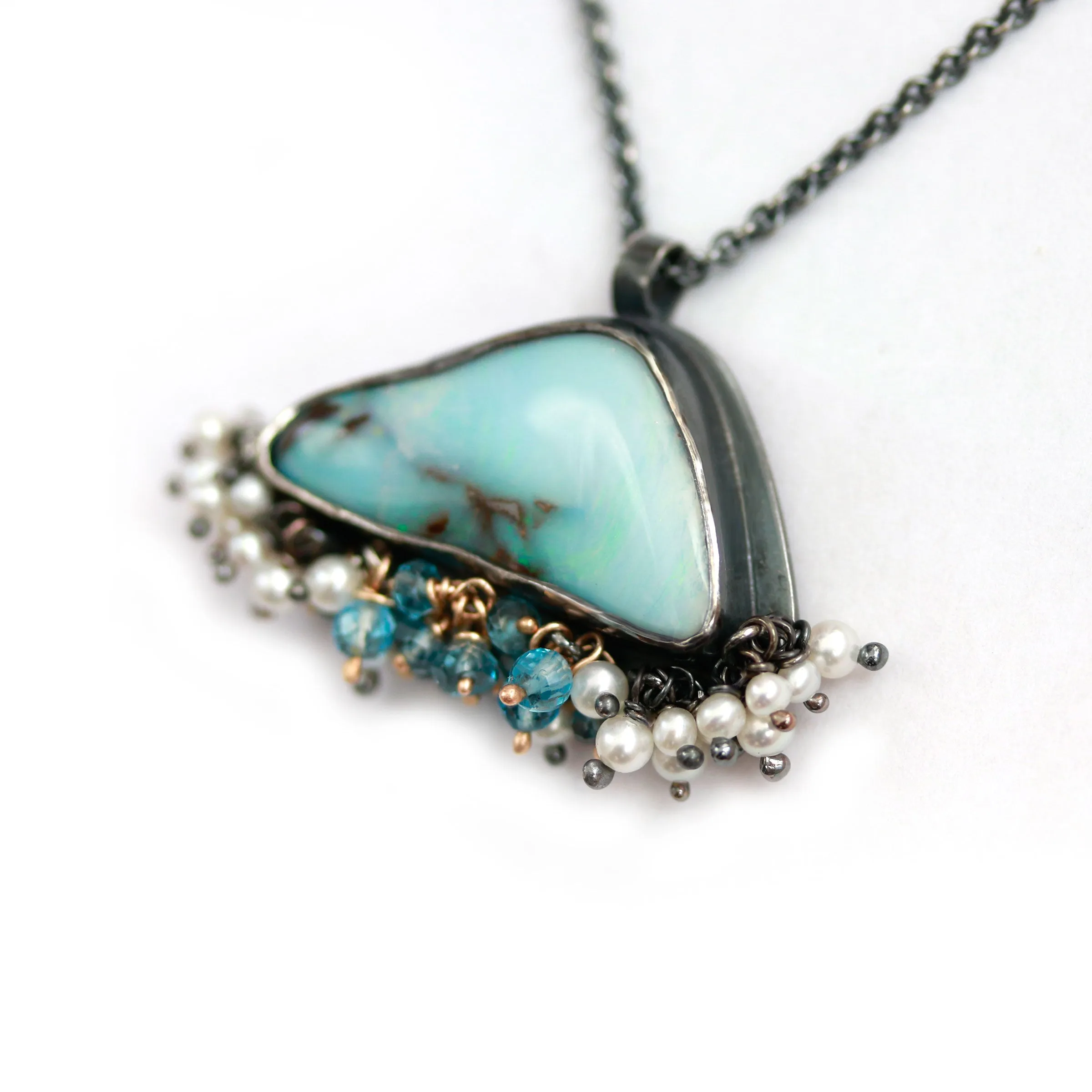 Sold! Soft Teal Blue Boulder Opal with Pearl and Topaz Fringe