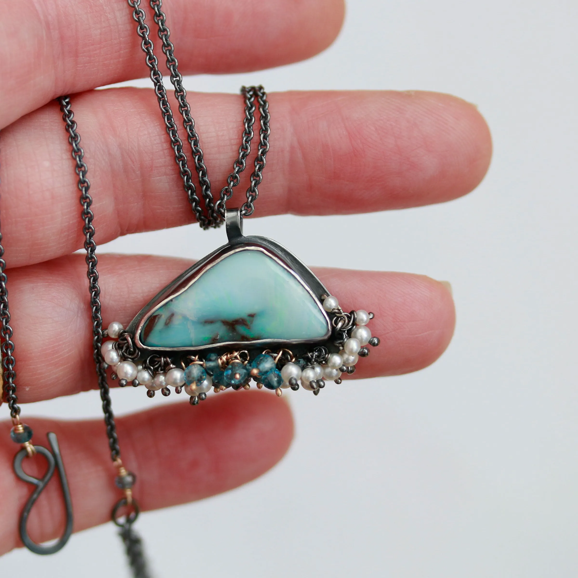 Sold! Soft Teal Blue Boulder Opal with Pearl and Topaz Fringe