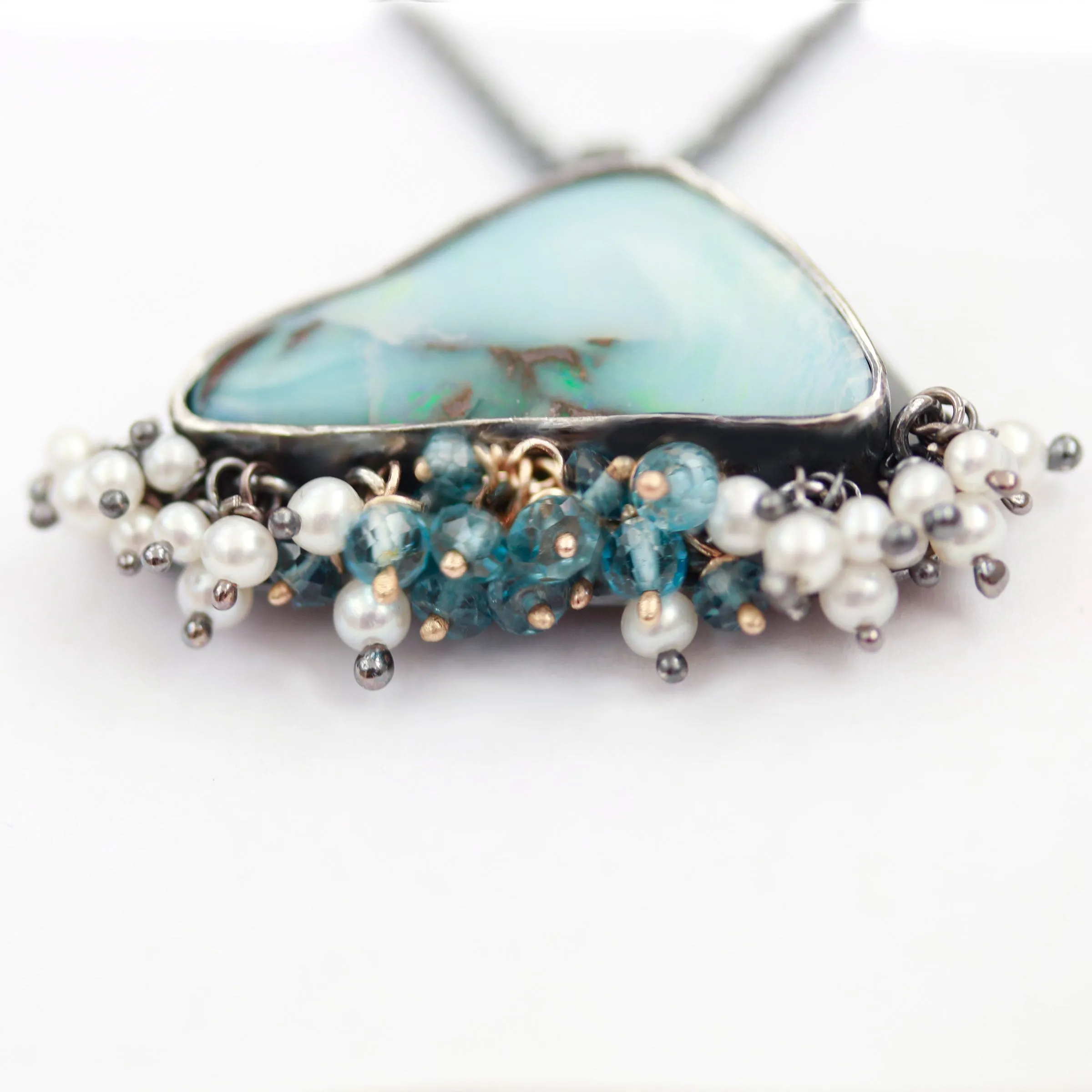 Sold! Soft Teal Blue Boulder Opal with Pearl and Topaz Fringe