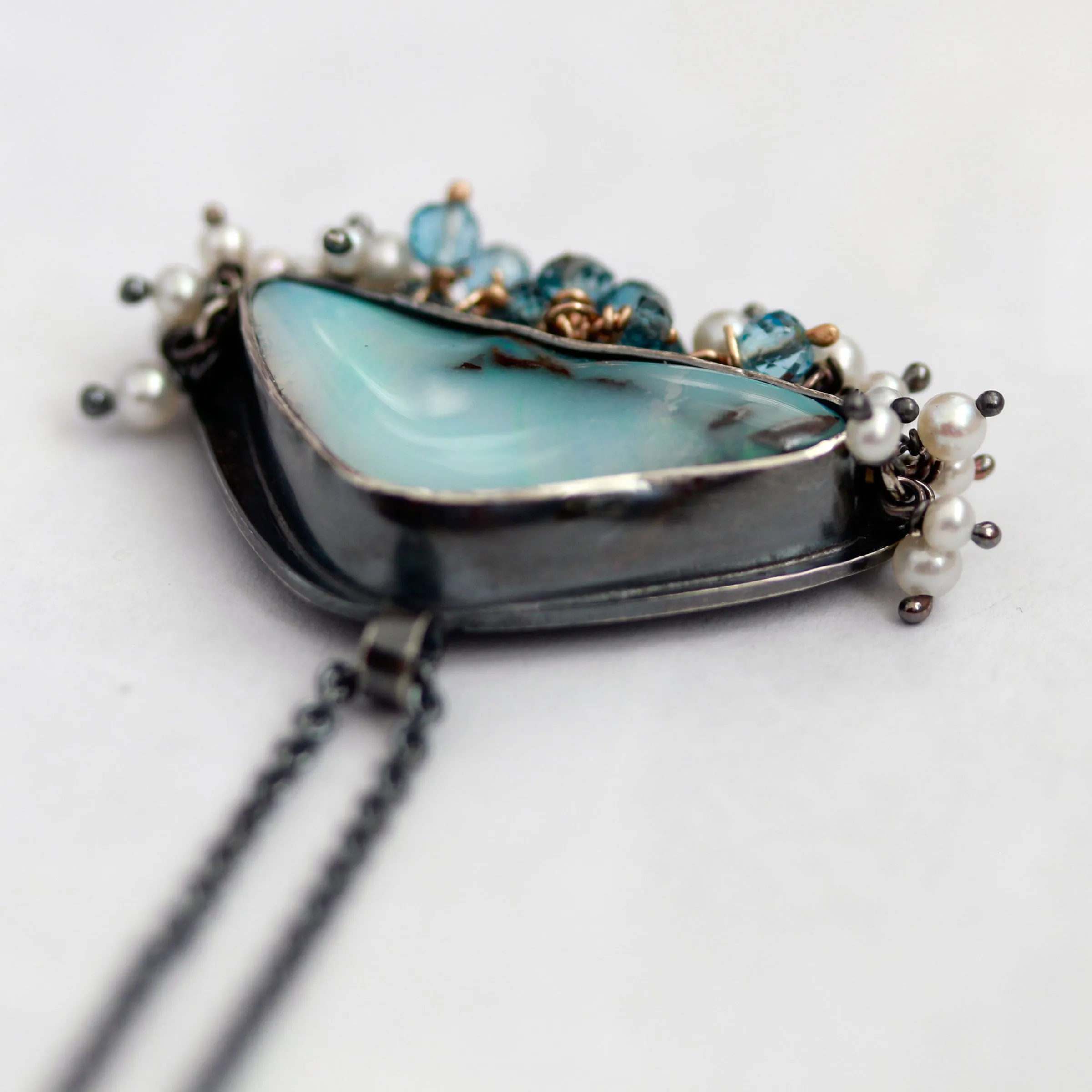 Sold! Soft Teal Blue Boulder Opal with Pearl and Topaz Fringe