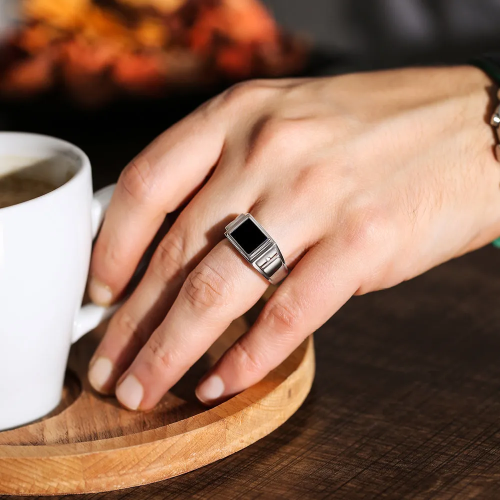 Solid 14K White Gold Estate Geometric Modern Design Mens Onyx and Diamond Ring