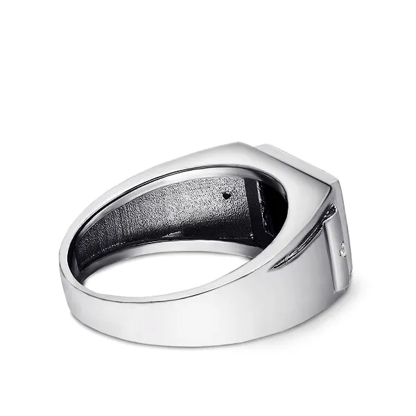 Solid 14K White Gold Estate Geometric Modern Design Mens Onyx and Diamond Ring