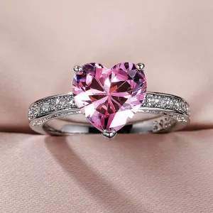 Solitaire Women Heart Engagement Rings Pink Cubic Zirconia Proposal Rings For Girlfriend Anniversary Gift