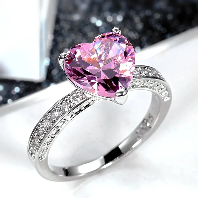 Solitaire Women Heart Engagement Rings Pink Cubic Zirconia Proposal Rings For Girlfriend Anniversary Gift