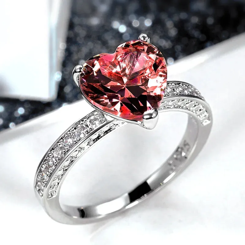 Solitaire Women Heart Engagement Rings Pink Cubic Zirconia Proposal Rings For Girlfriend Anniversary Gift