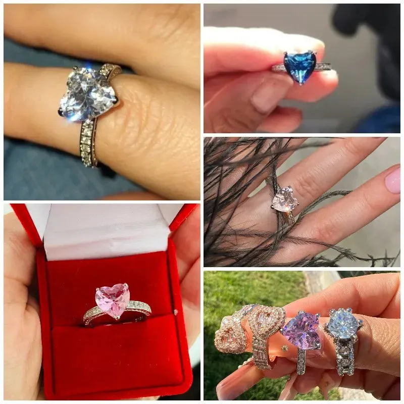 Solitaire Women Heart Engagement Rings Pink Cubic Zirconia Proposal Rings For Girlfriend Anniversary Gift