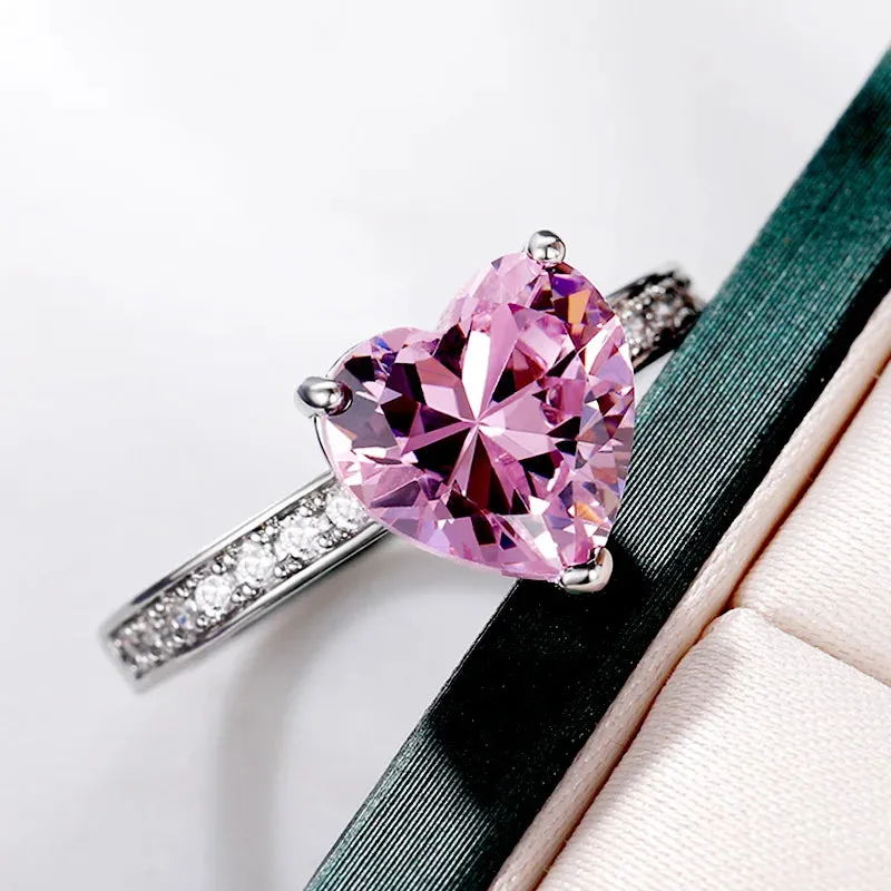 Solitaire Women Heart Engagement Rings Pink Cubic Zirconia Proposal Rings For Girlfriend Anniversary Gift