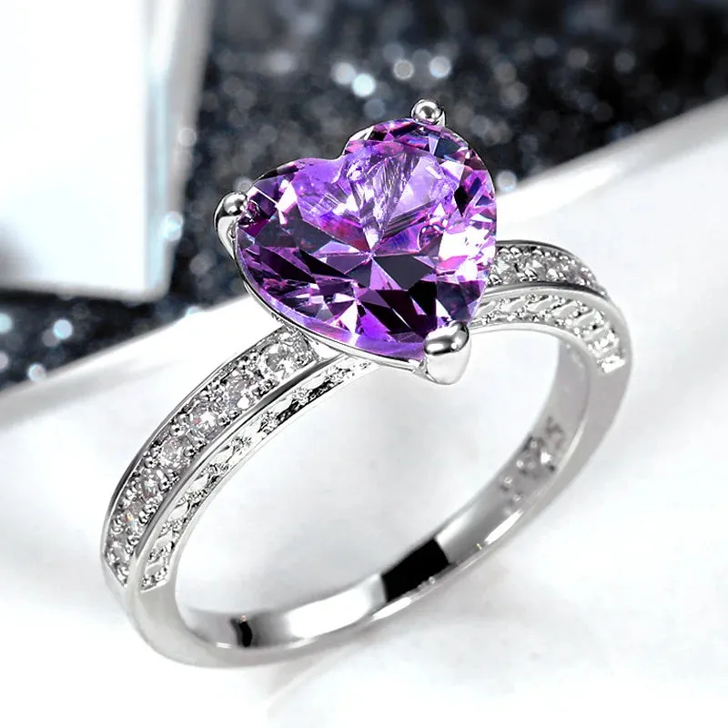 Solitaire Women Heart Engagement Rings Pink Cubic Zirconia Proposal Rings For Girlfriend Anniversary Gift
