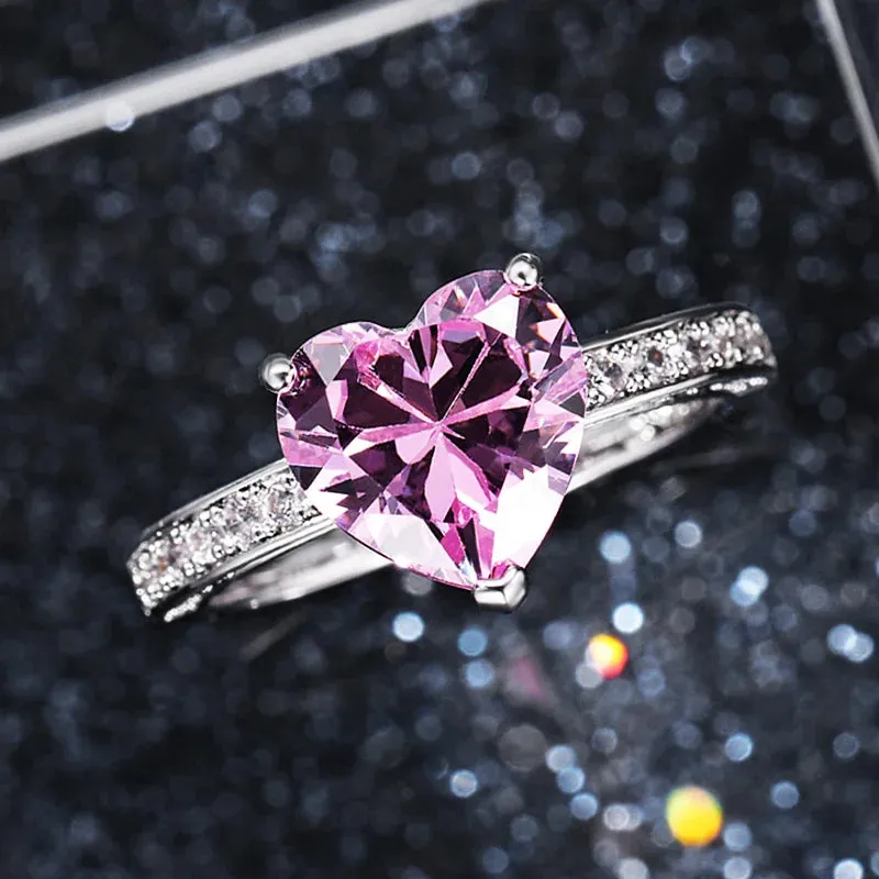 Solitaire Women Heart Engagement Rings Pink Cubic Zirconia Proposal Rings For Girlfriend Anniversary Gift