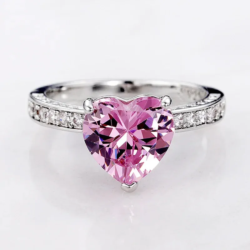 Solitaire Women Heart Engagement Rings Pink Cubic Zirconia Proposal Rings For Girlfriend Anniversary Gift