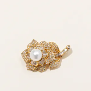 South Sea Pearl & Diamond Flower Brooch |13mm Pearl, 7.62ctw Diamonds | VS G/H