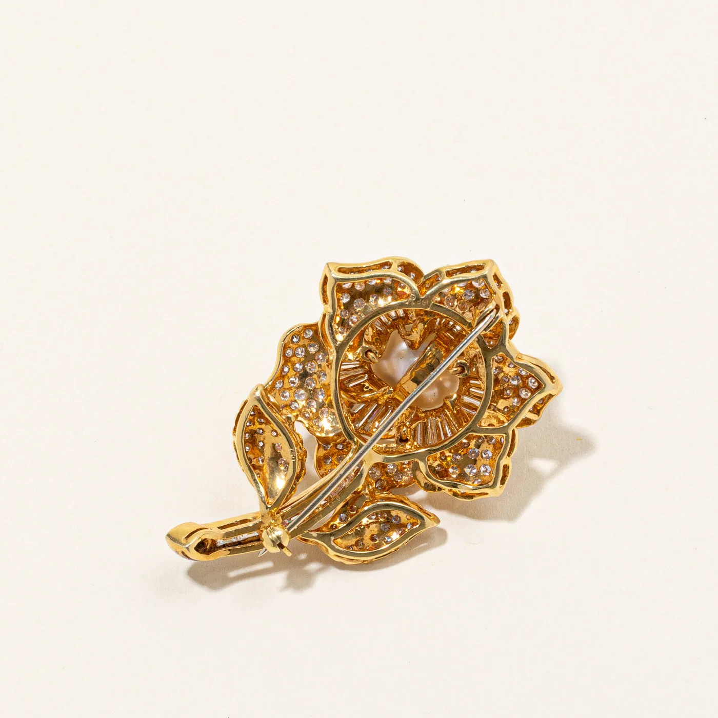 South Sea Pearl & Diamond Flower Brooch |13mm Pearl, 7.62ctw Diamonds | VS G/H