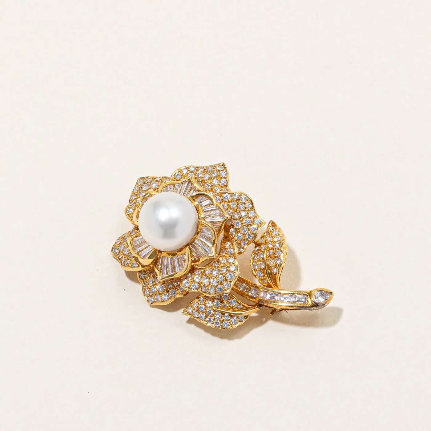 South Sea Pearl & Diamond Flower Brooch |13mm Pearl, 7.62ctw Diamonds | VS G/H