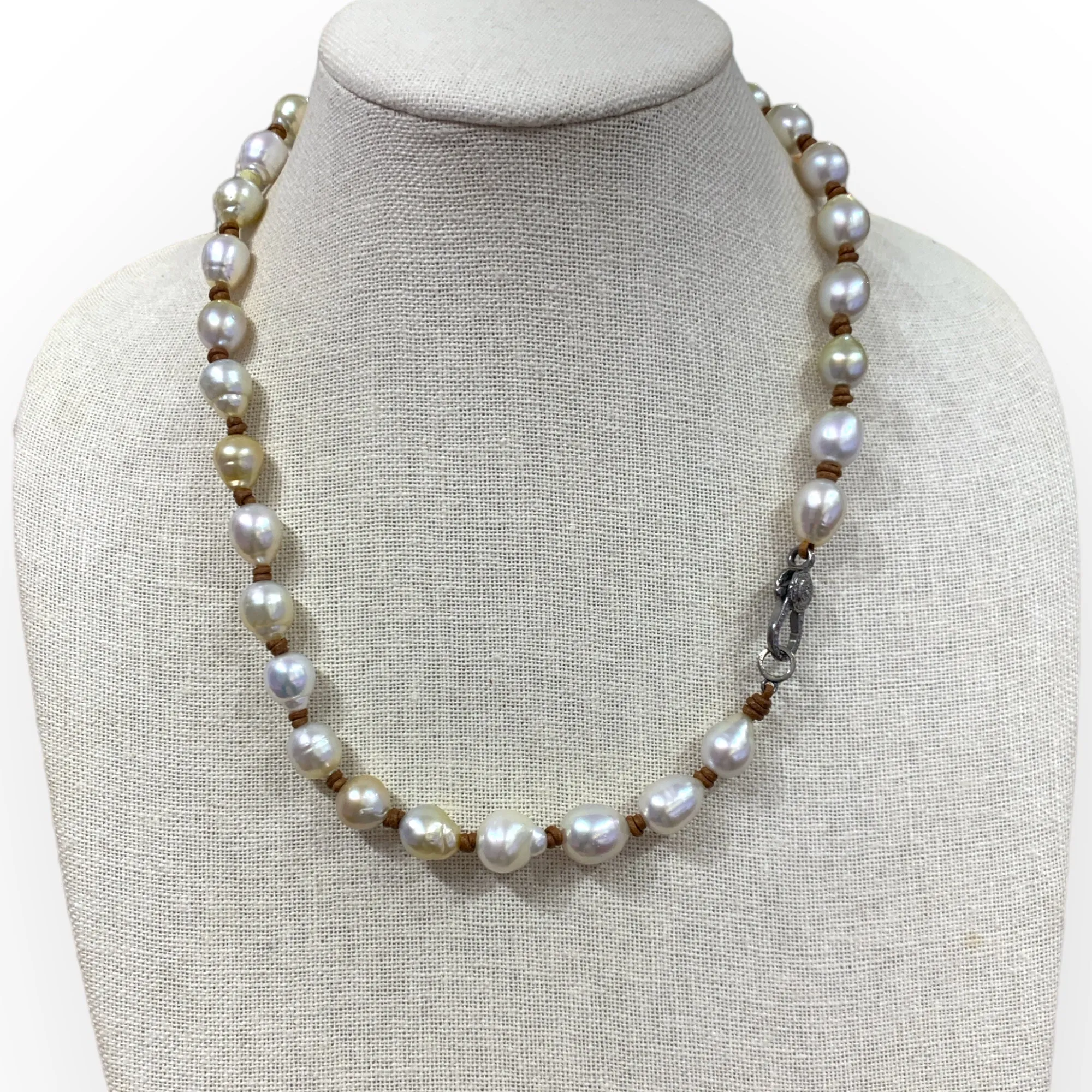 South Sea Pearls Mid-Length Necklace on Leather w/ Pave Diamond Clasp | 22”