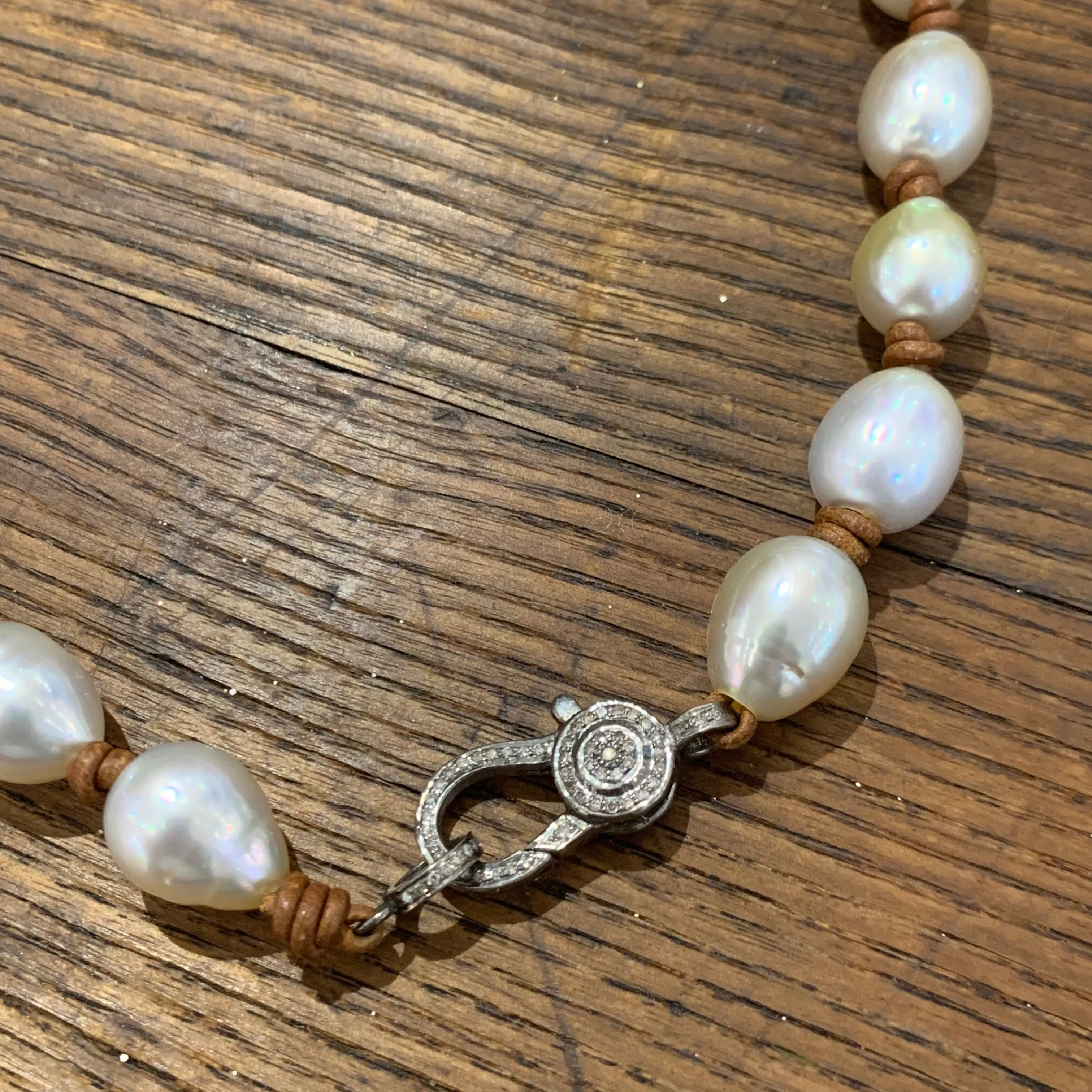 South Sea Pearls Mid-Length Necklace on Leather w/ Pave Diamond Clasp | 22”