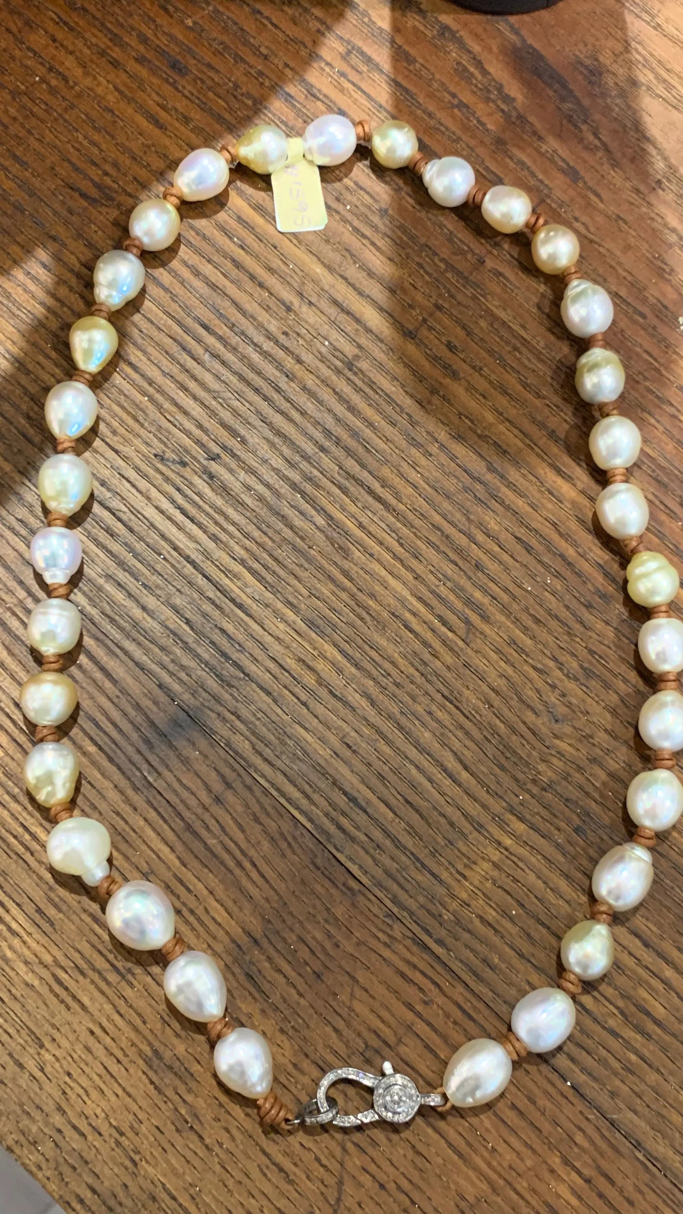 South Sea Pearls Mid-Length Necklace on Leather w/ Pave Diamond Clasp | 22”