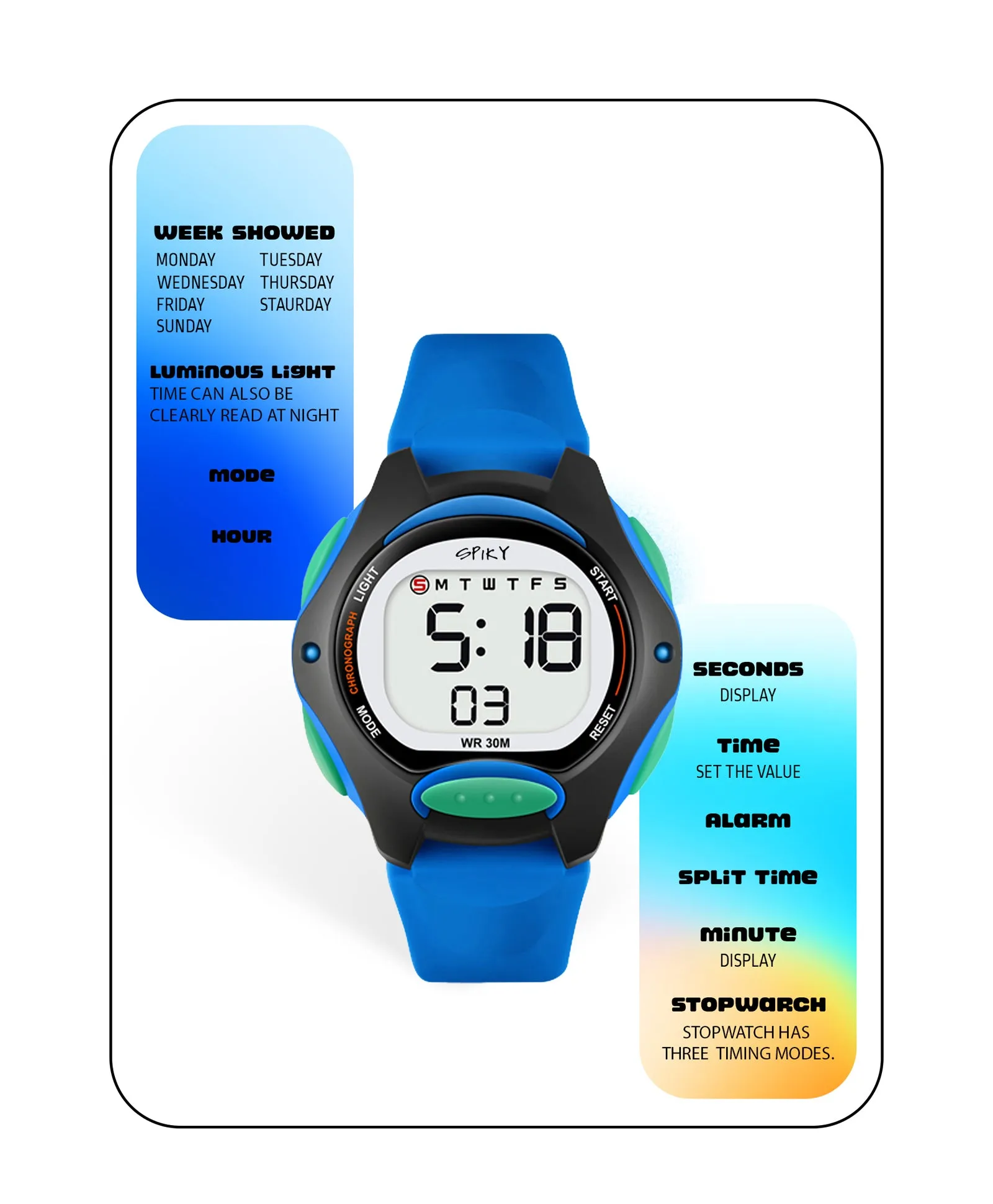 Spiky Eva2 Round Digital Kids Sports Watch - Blue