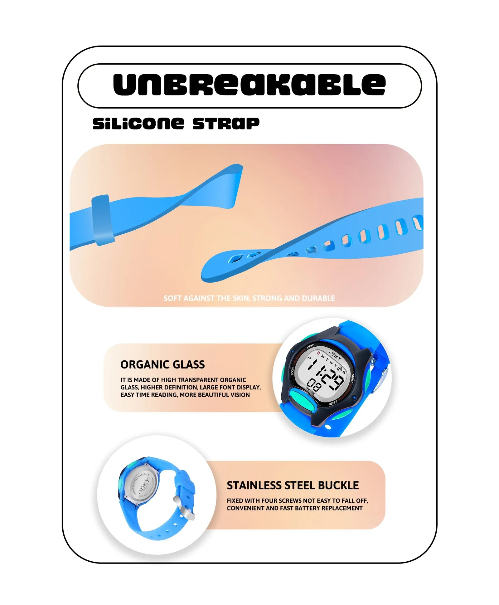 Spiky Eva2 Round Digital Kids Sports Watch - Blue