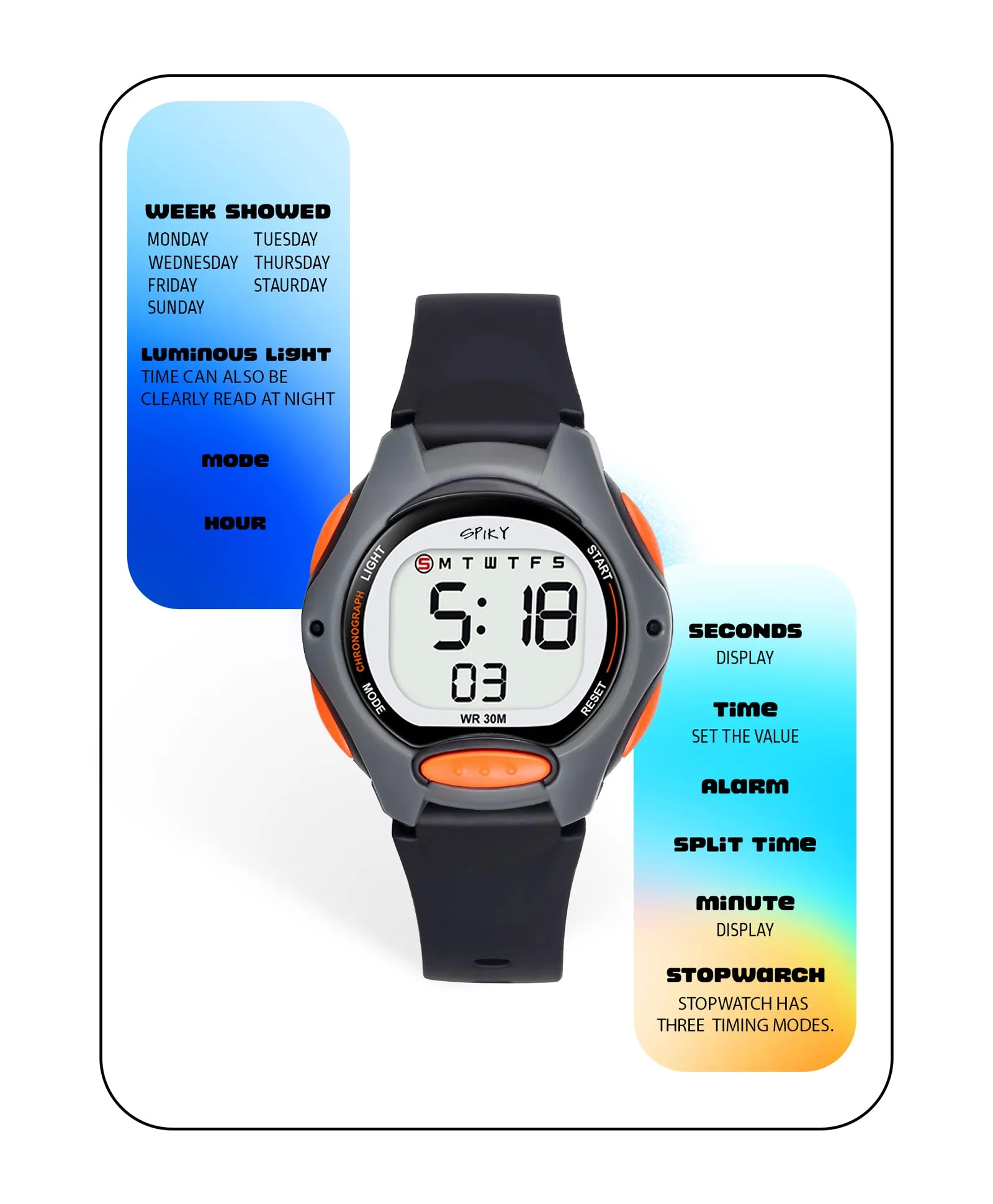 Spiky Eva2 Round Digital Kids Sports Watch - Blue