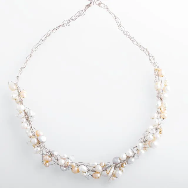 Spun Necklace with Pink White and Gray Freshwater Pearls