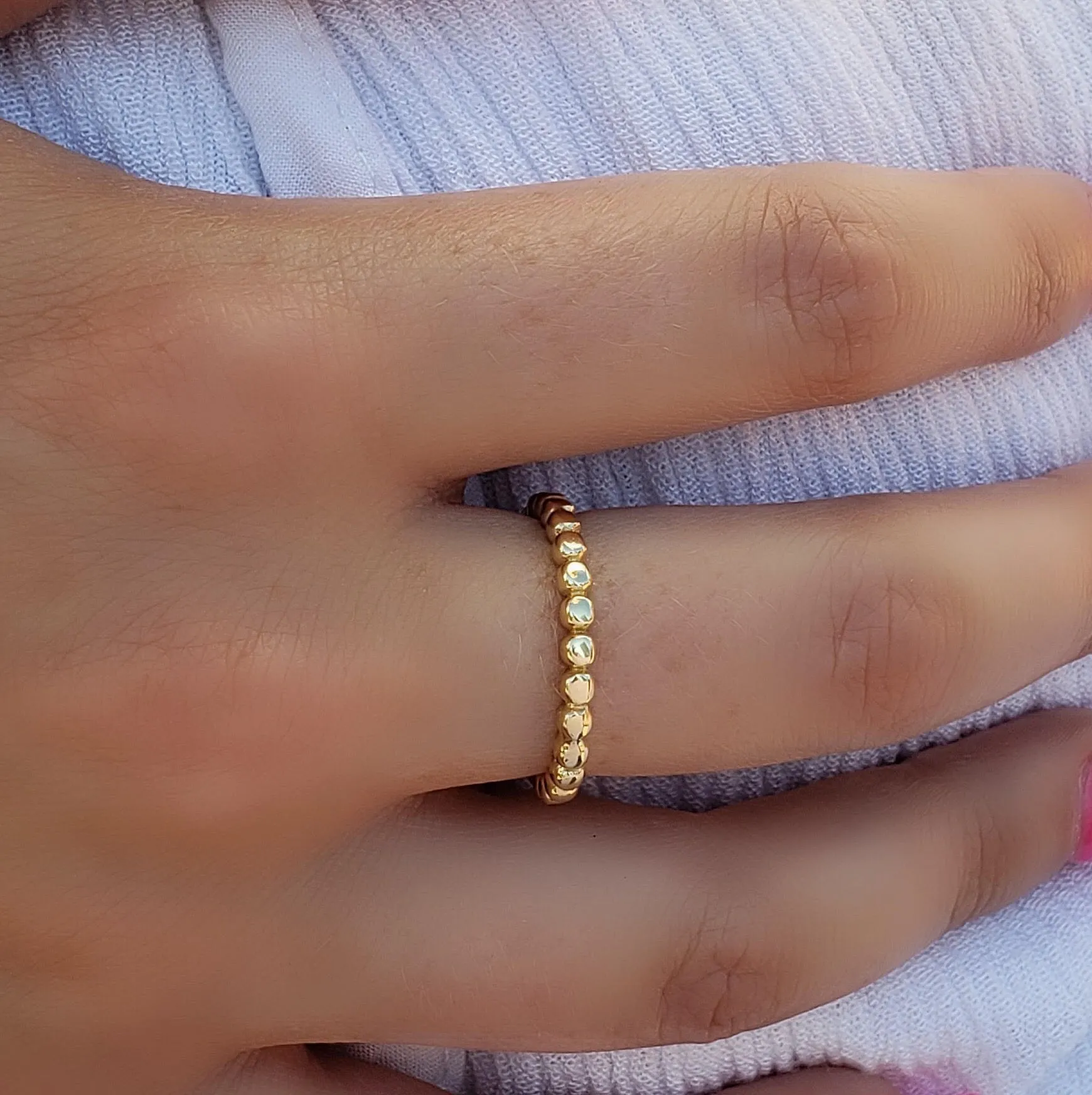 Stackable Beaded Solid Gold Ring