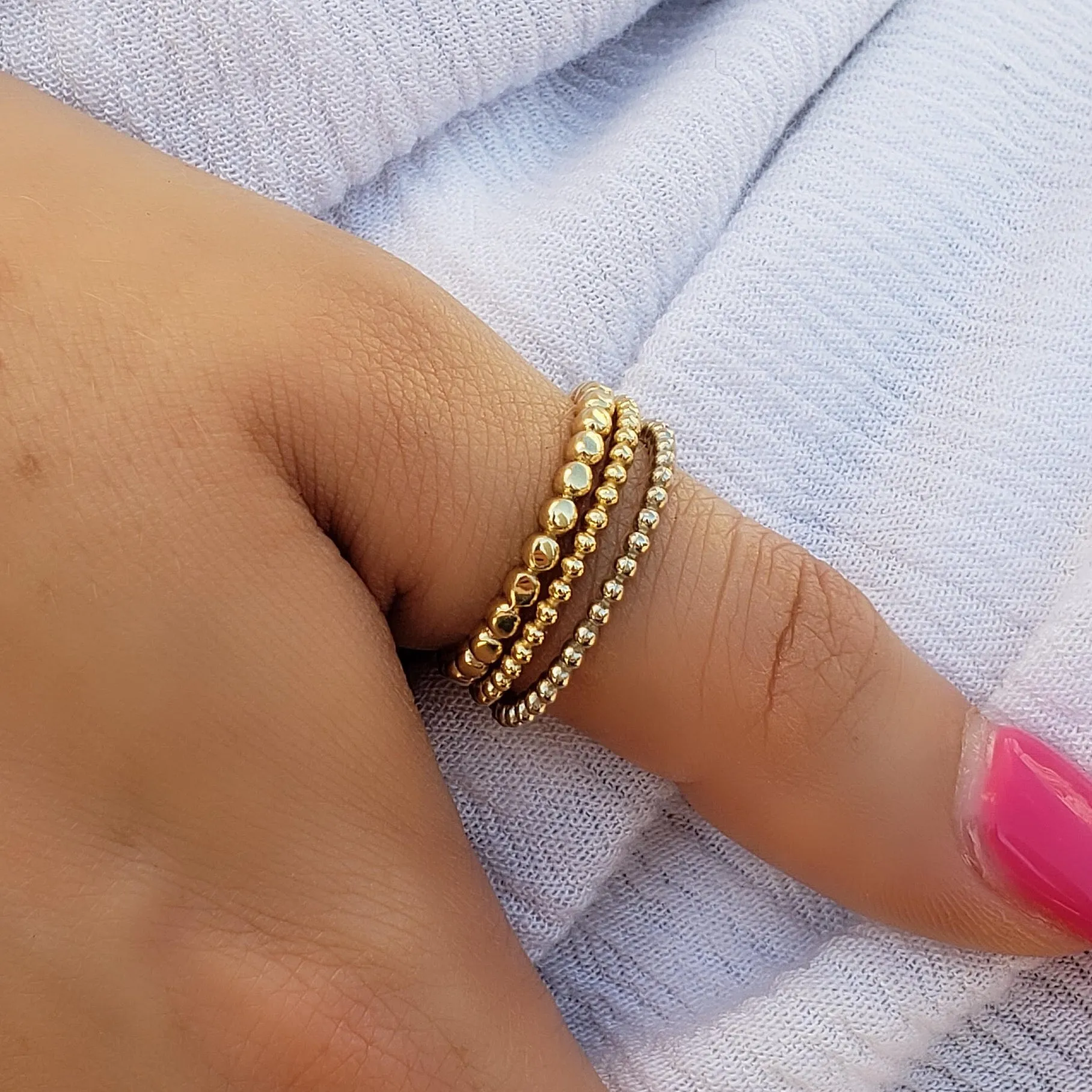Stackable Beaded Solid Gold Ring