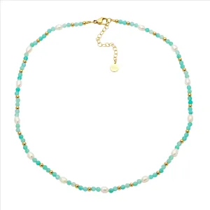 Stainless Steel Gold Plated Amazonite & Freshwater Pearl Necklace