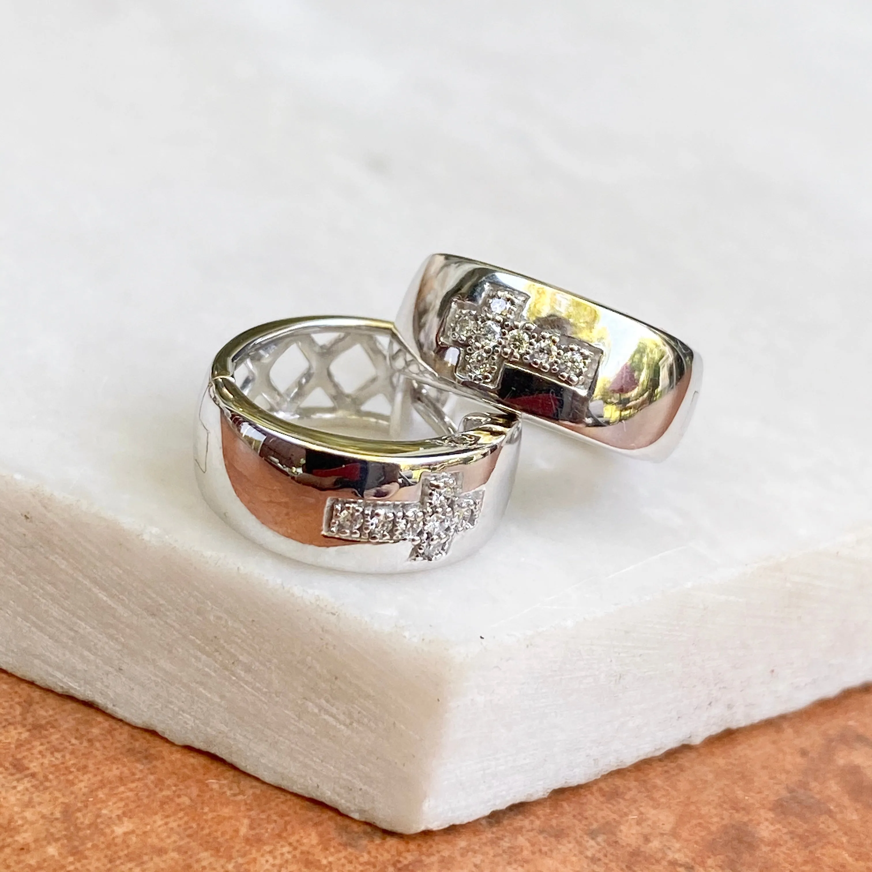 Sterling Silver .05 CT Diamond Cross Huggie Hoop Earrings