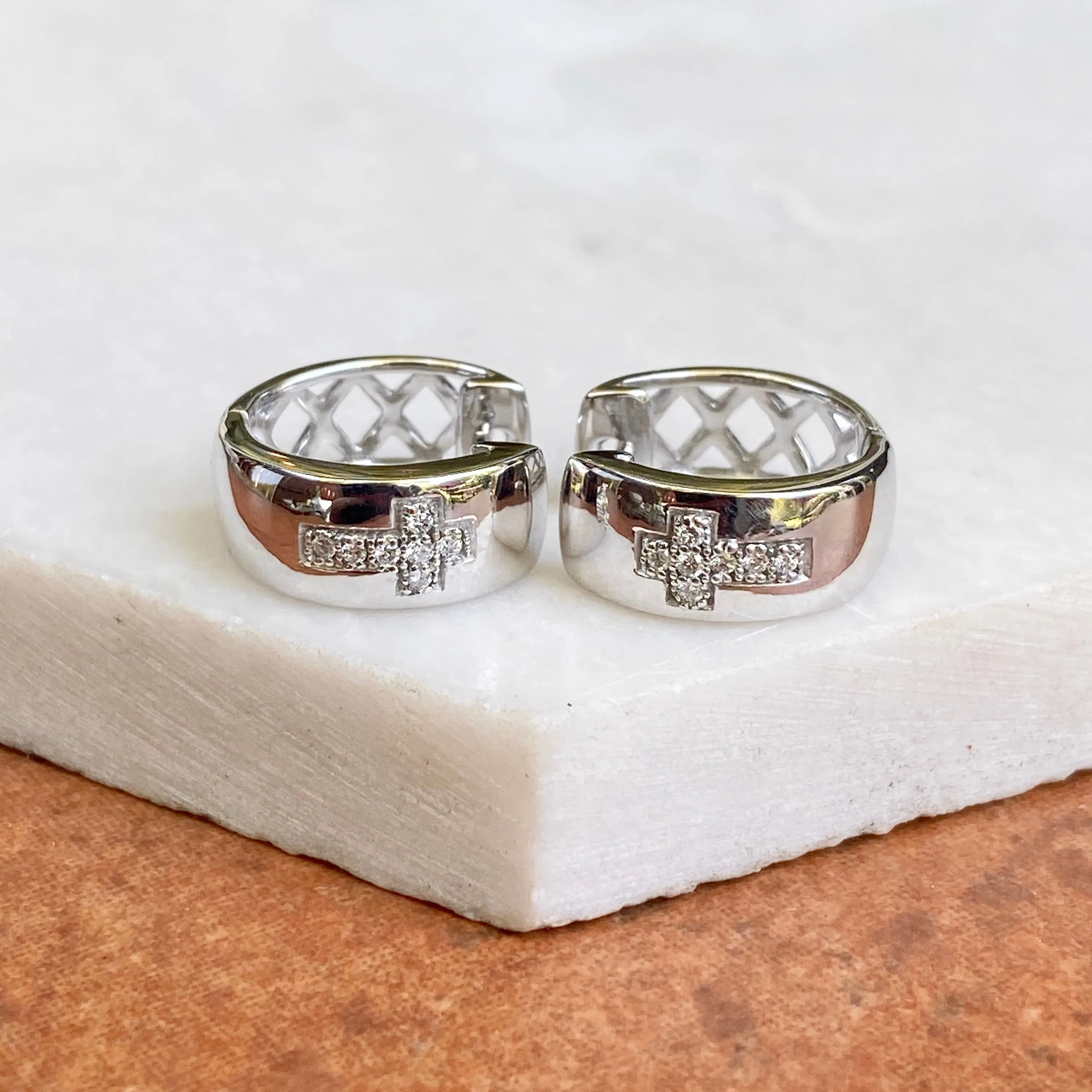 Sterling Silver .05 CT Diamond Cross Huggie Hoop Earrings