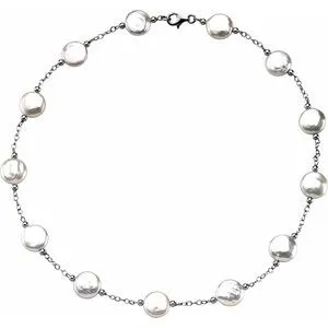 Sterling Silver 12-13 mm Freshwater Cultured White Coin Pearl Station 18" Necklace