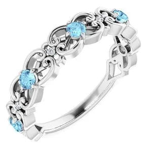 Sterling Silver Aquamarine & .02 CTW Diamond Vintage-Inspired Scroll Ring