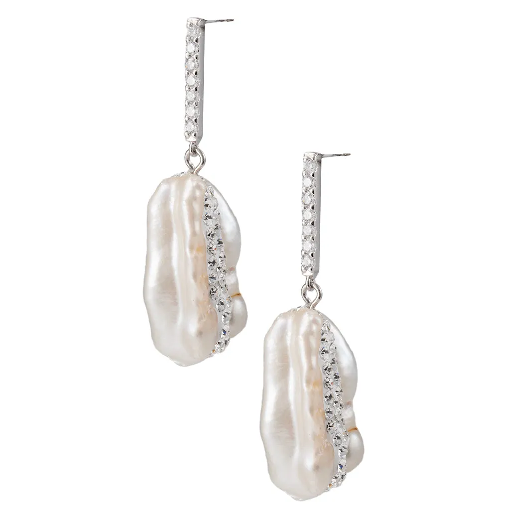 Sterling Silver Baroque Pearl with Pave Drop Earrings