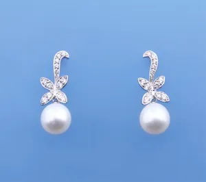 Sterling Silver Earrings with 9-9.5mm Drop Shape Freshwater Pearl and Cubic Zirconia