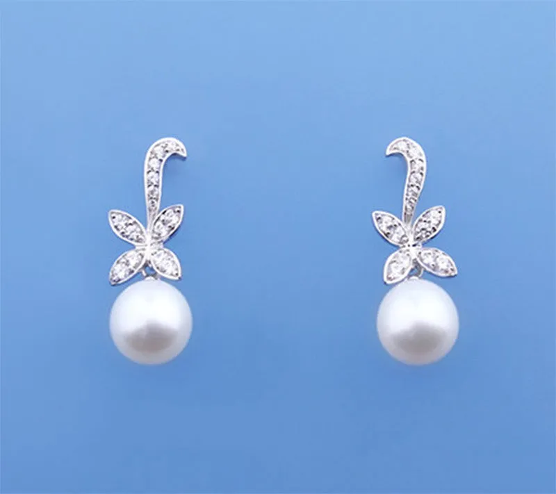 Sterling Silver Earrings with 9-9.5mm Drop Shape Freshwater Pearl and Cubic Zirconia