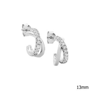 Sterling Silver Half and Half Cross Over Earrings with Cubic Zirconias E598S