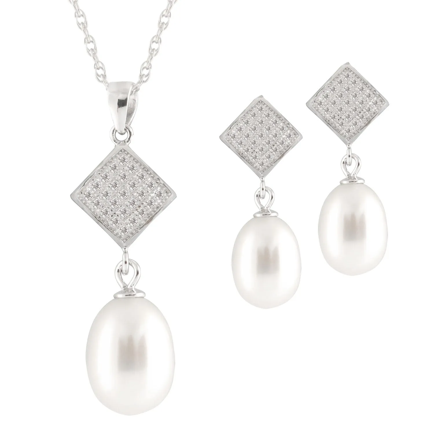 Sterling Silver Rhodium Plated Freshwater Pearl with CZ Pendant and Dangle Earrings Set