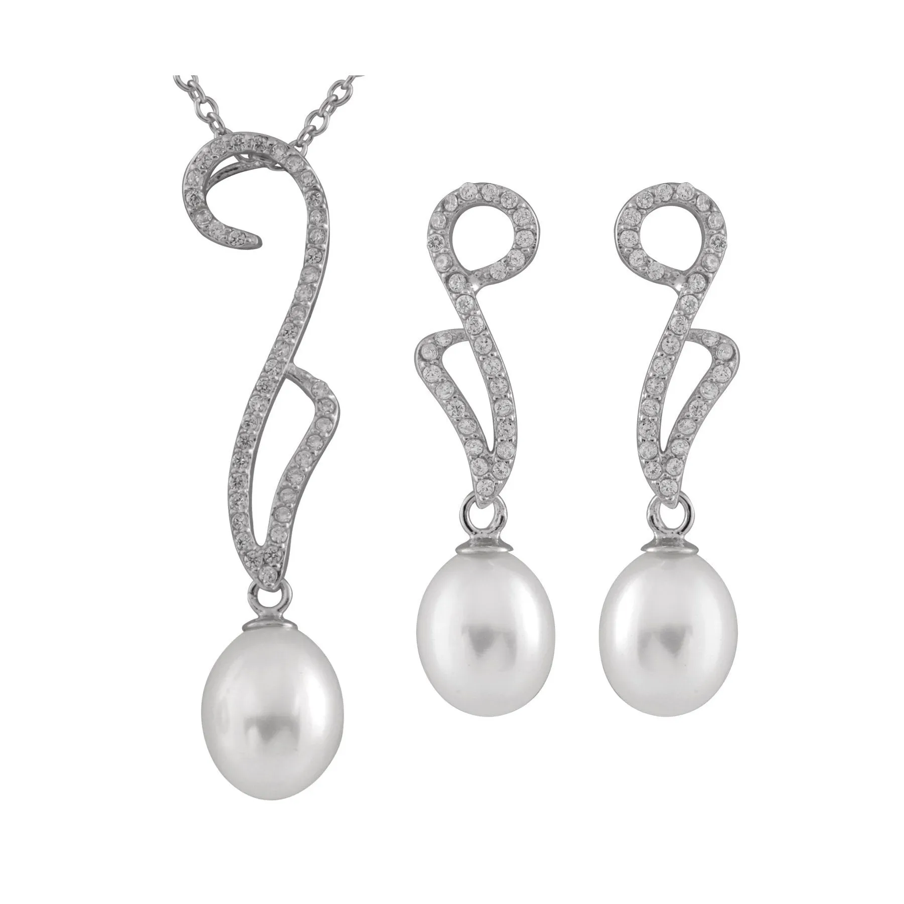 Sterling Silver White Freshwater Pearl and CZ Necklace and Earring  Set
