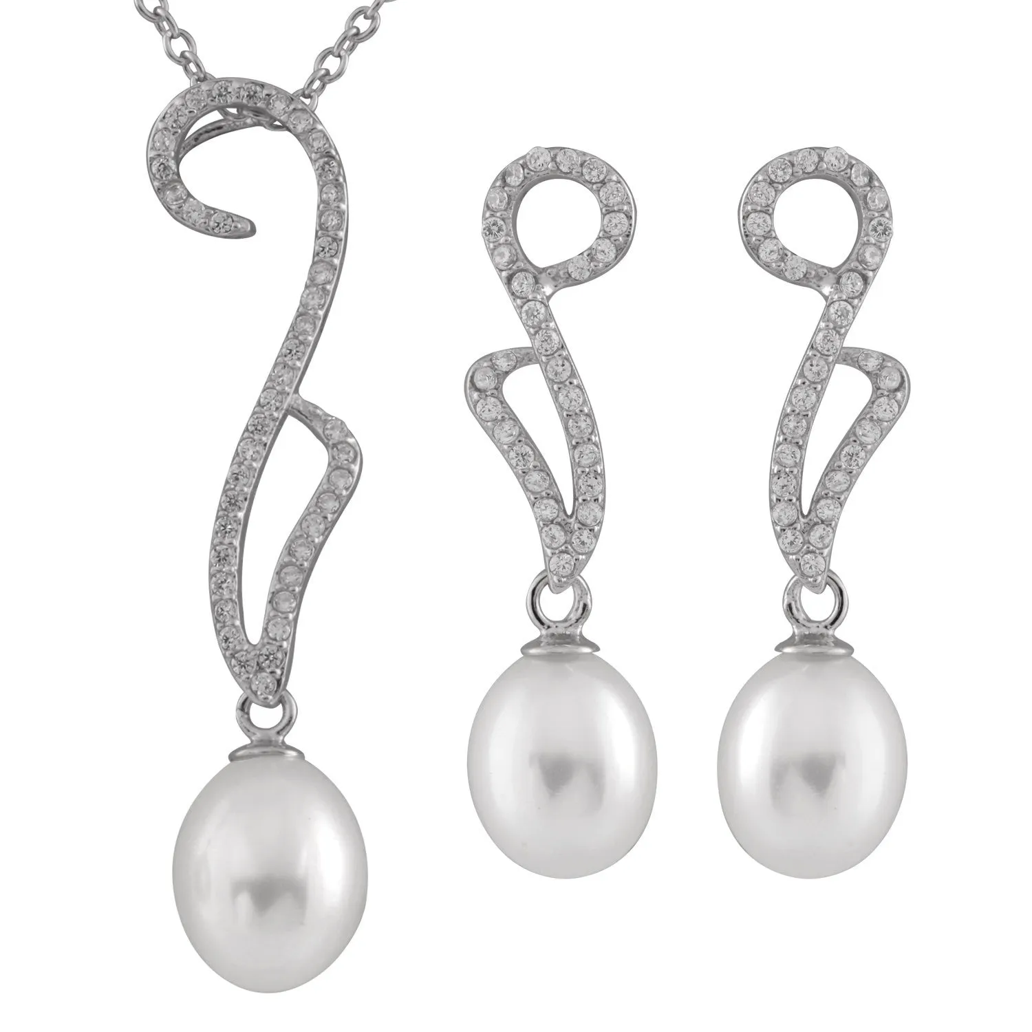 Sterling Silver White Freshwater Pearl and CZ Necklace and Earring  Set