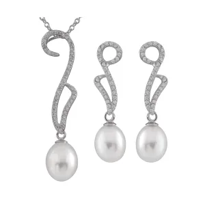 Sterling Silver White Freshwater Pearl and CZ Necklace and Earring  Set