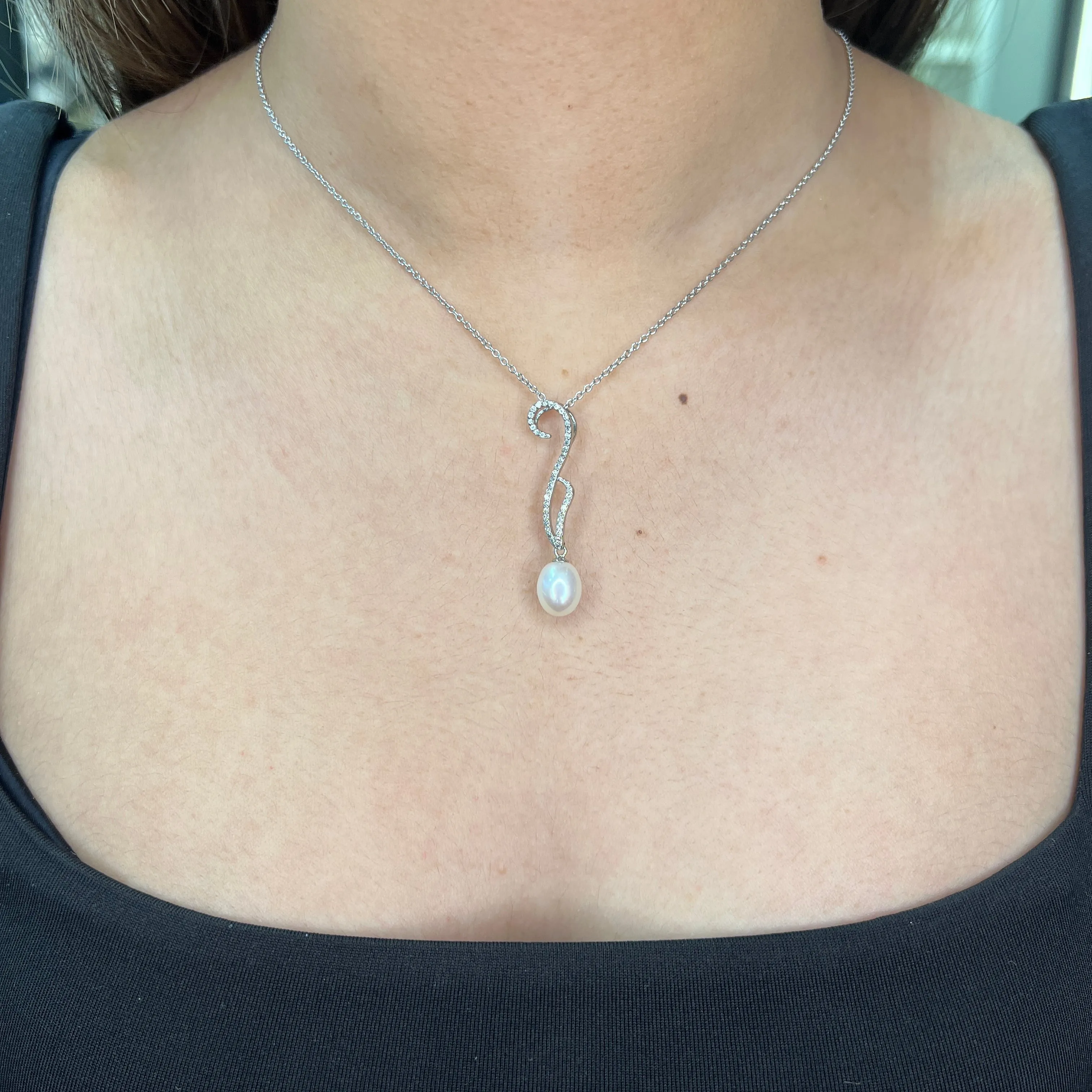 Sterling Silver White Freshwater Pearl and CZ Necklace and Earring  Set