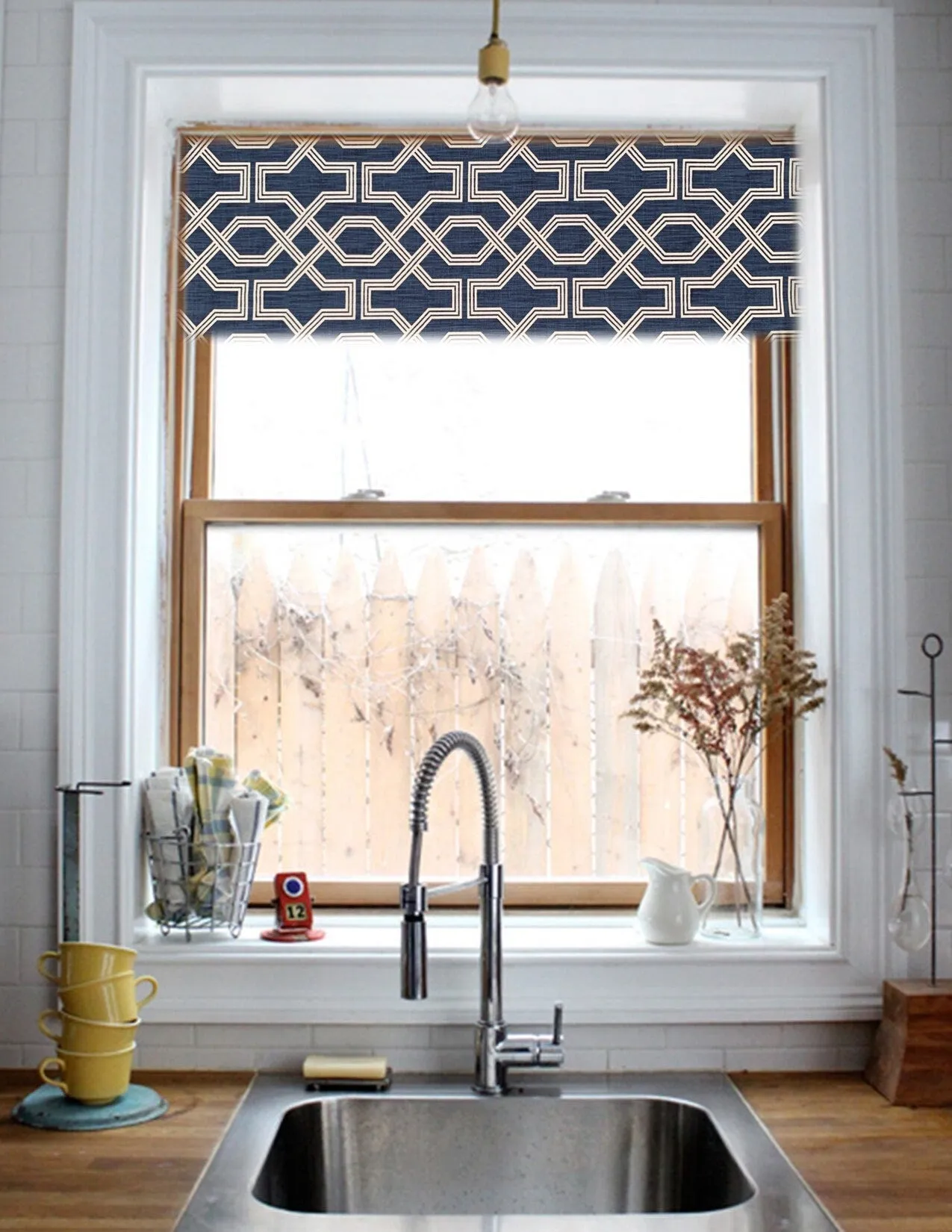Straight Modern Valance in Nasco Blue and White Geometric Print on Premium Cotton Linen, Fully Lined Custom Made FlatValance