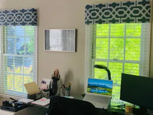 Straight Modern Valance in Nasco Blue and White Geometric Print on Premium Cotton Linen, Fully Lined Custom Made FlatValance