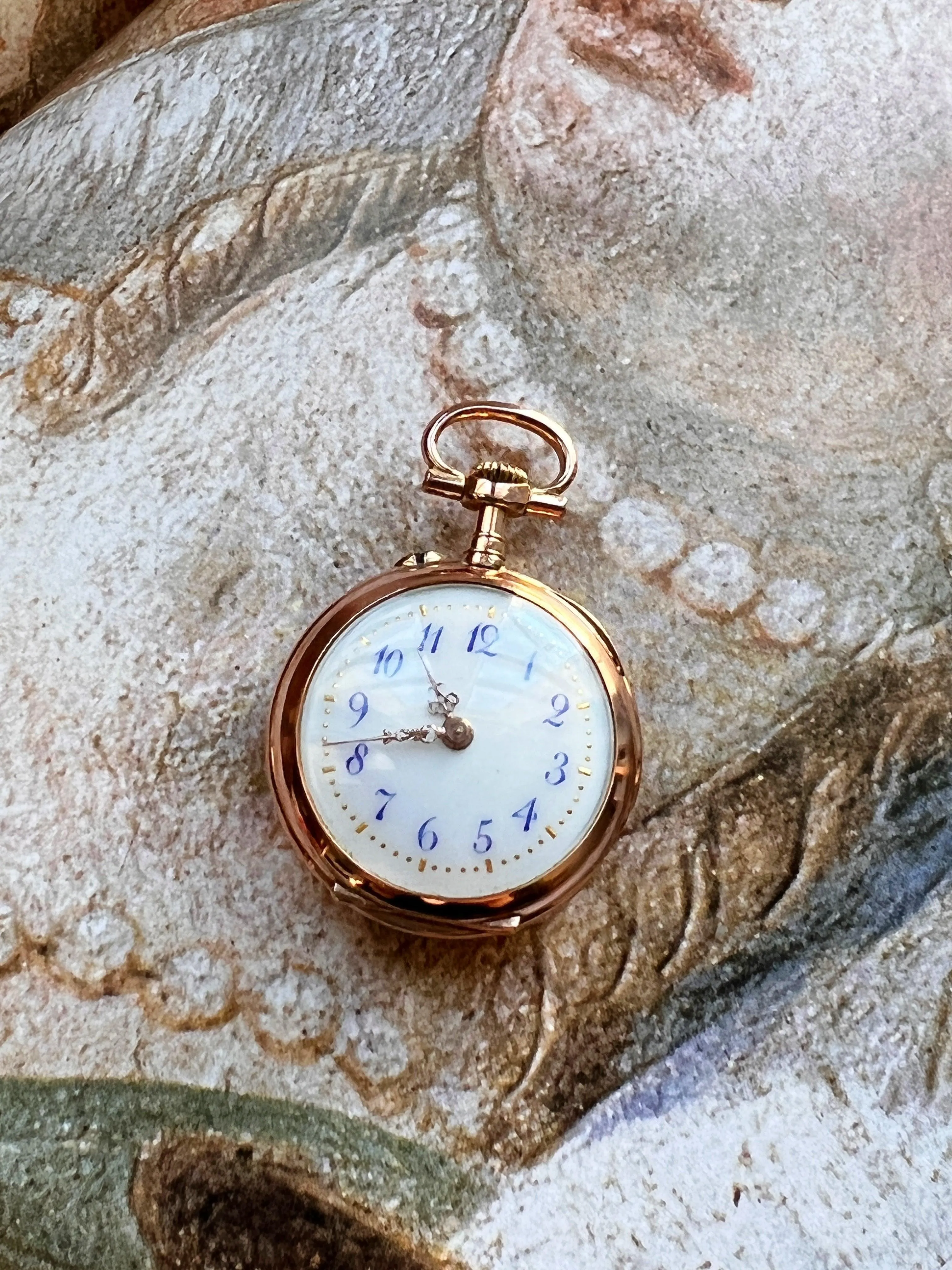 Stunning French Antique 18K gold diamond enameled cherub pocket watch pendant