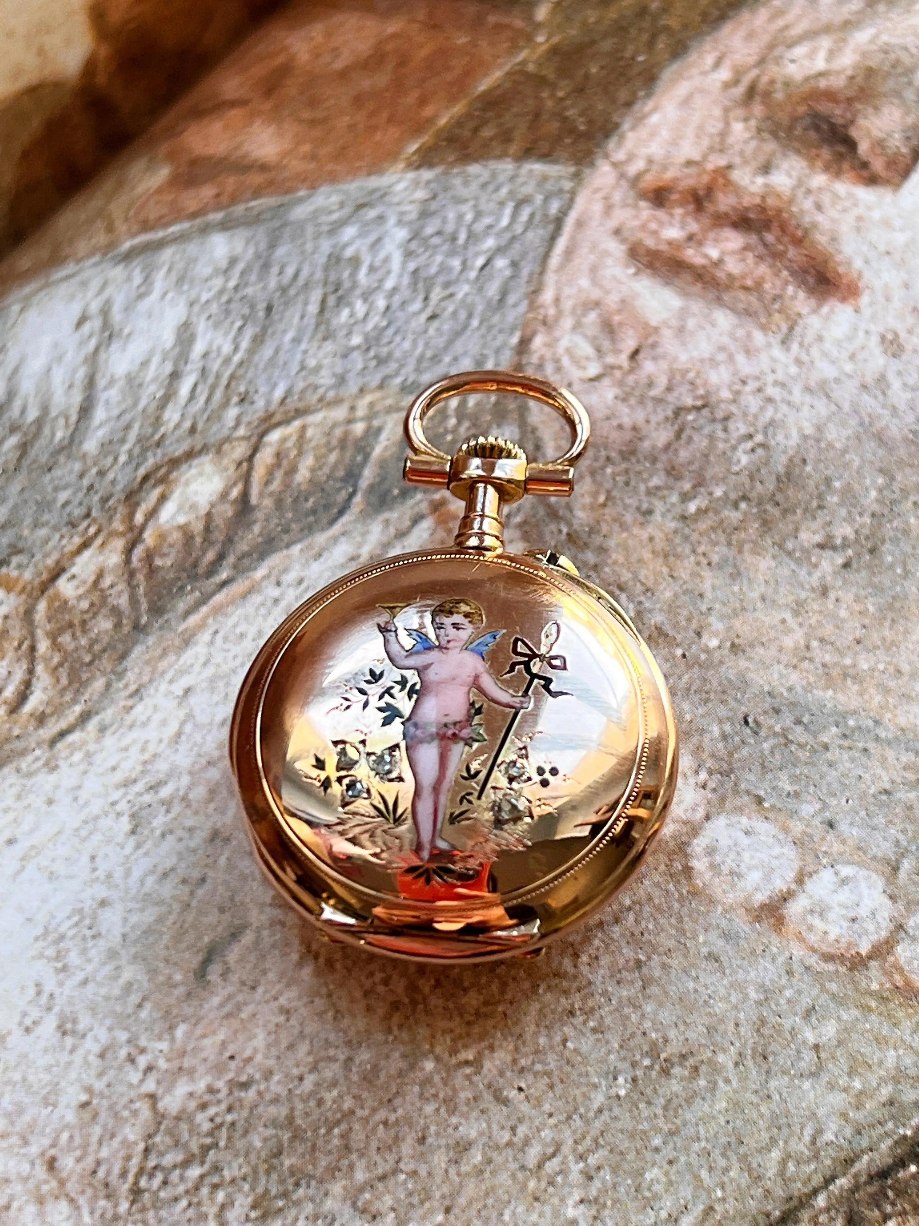 Stunning French Antique 18K gold diamond enameled cherub pocket watch pendant