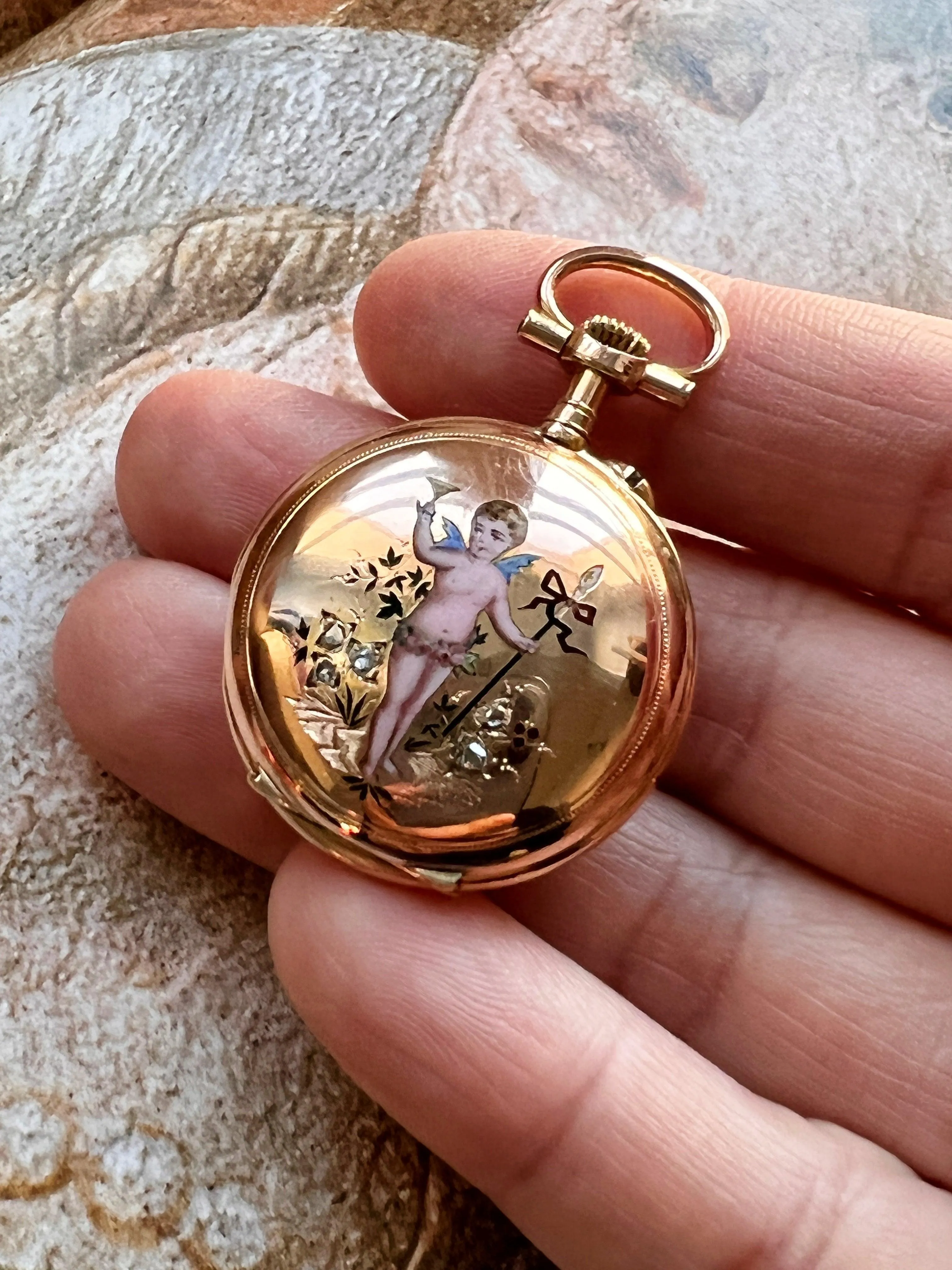 Stunning French Antique 18K gold diamond enameled cherub pocket watch pendant