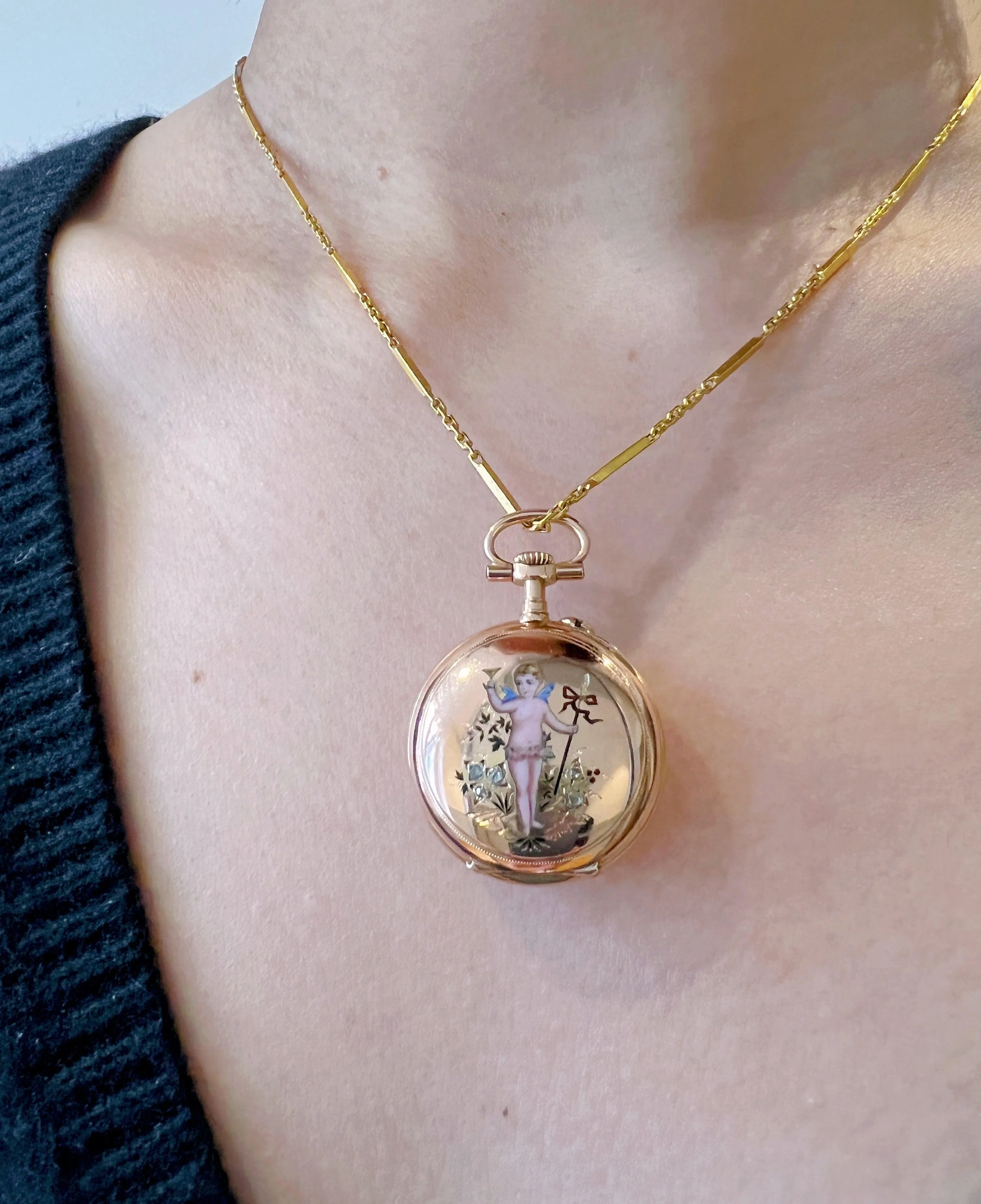 Stunning French Antique 18K gold diamond enameled cherub pocket watch pendant