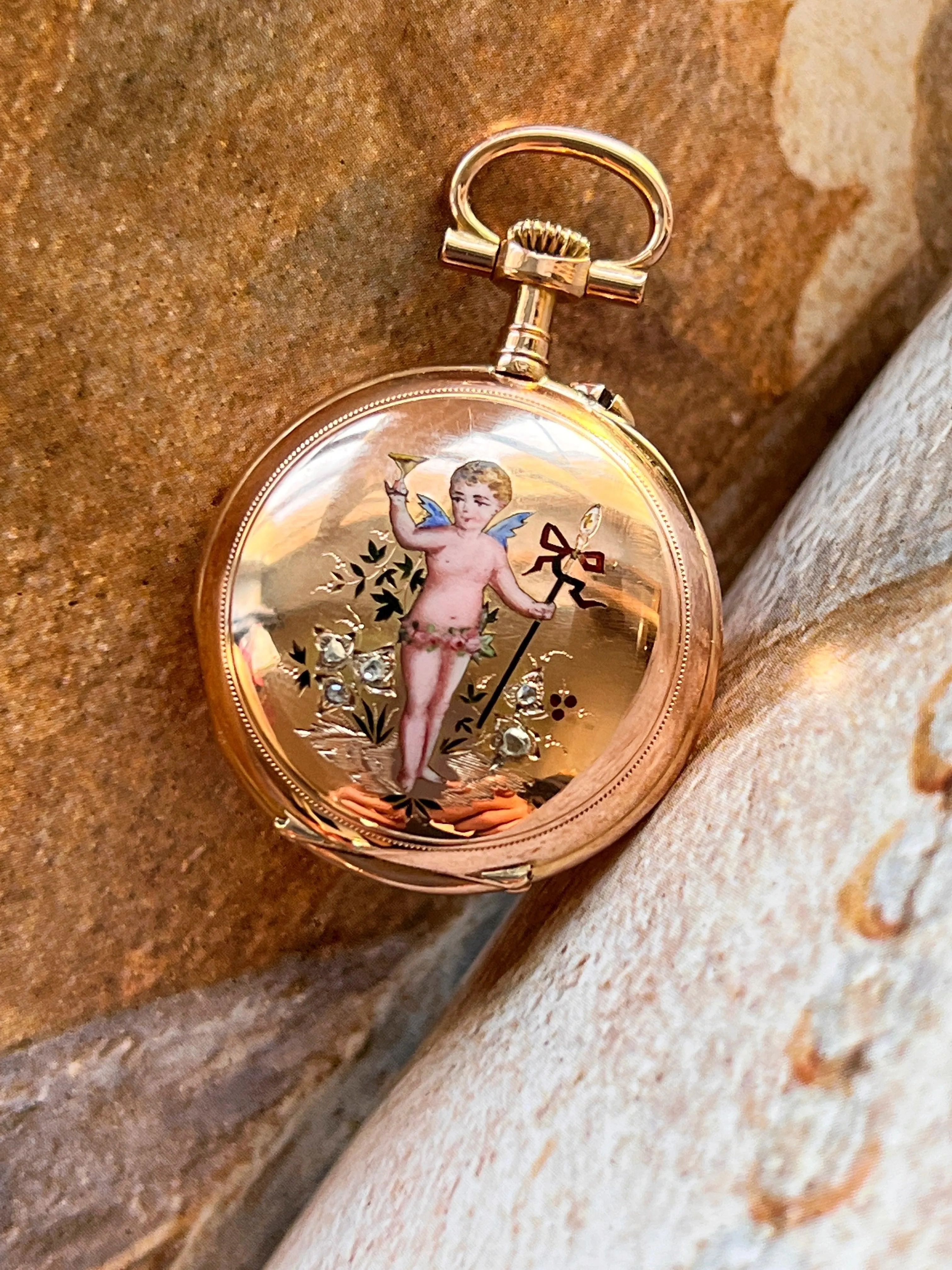 Stunning French Antique 18K gold diamond enameled cherub pocket watch pendant