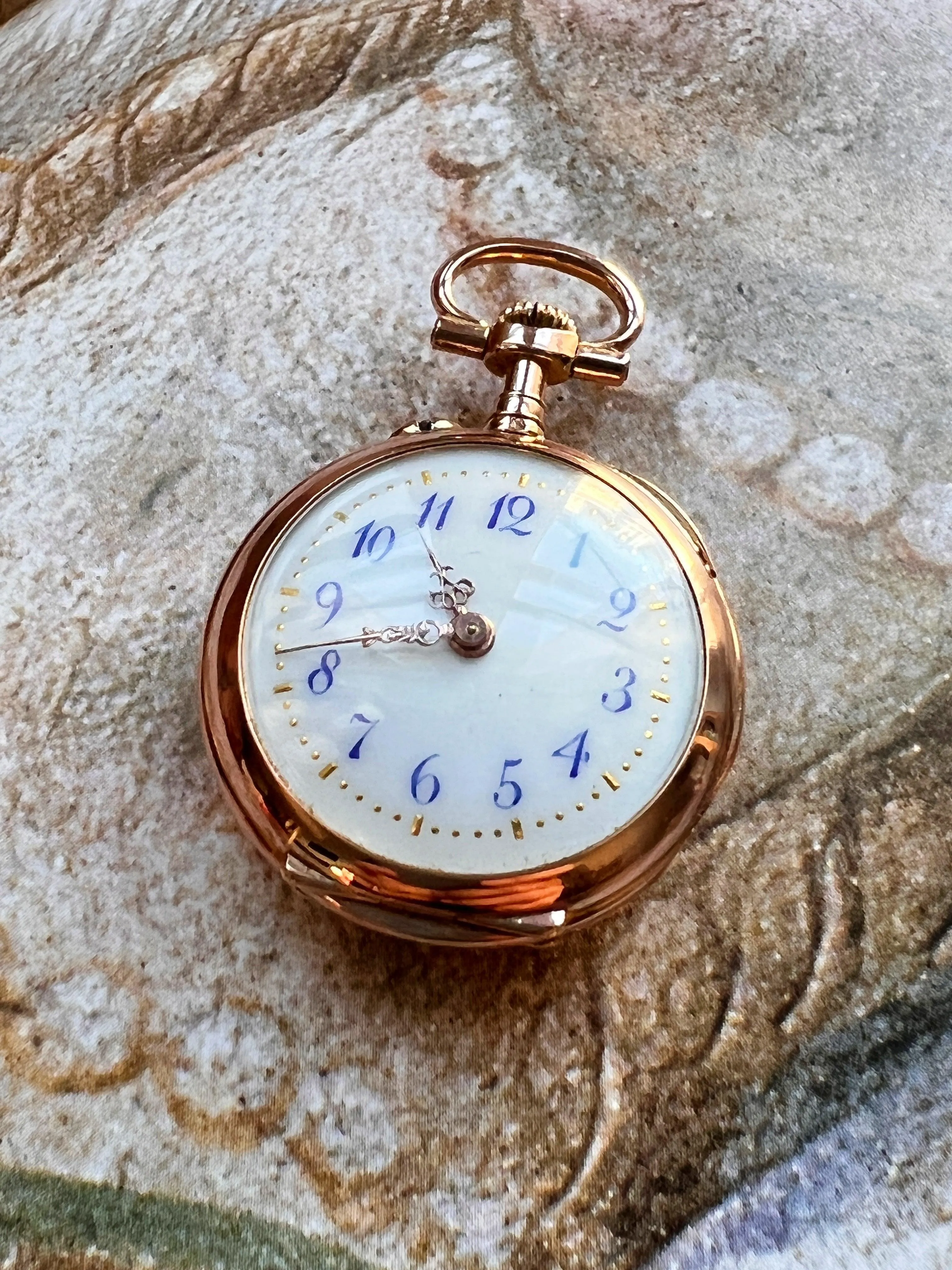 Stunning French Antique 18K gold diamond enameled cherub pocket watch pendant